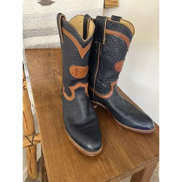 Justin Roper Cowboy Boots Vintage 80’s Navy &amp; Brown Leather Women 6.5 Made USA