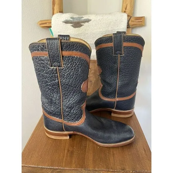 Justin Roper Cowboy Boots Vintage 80’s Navy &amp; Brown Leather Women 6.5 Made USA