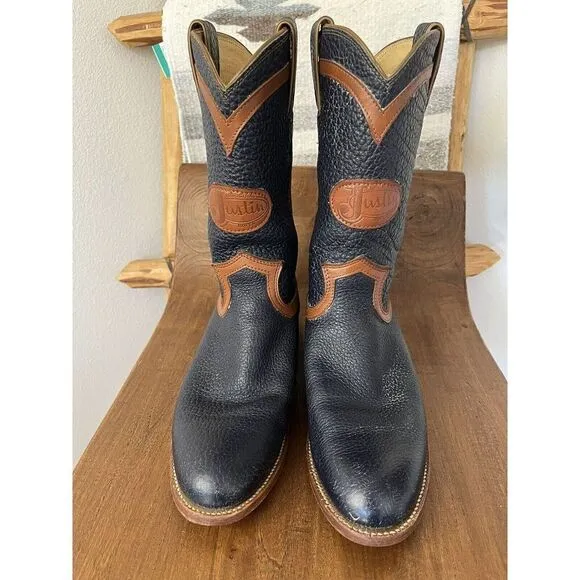 Justin Roper Cowboy Boots Vintage 80’s Navy &amp; Brown Leather Women 6.5 Made USA