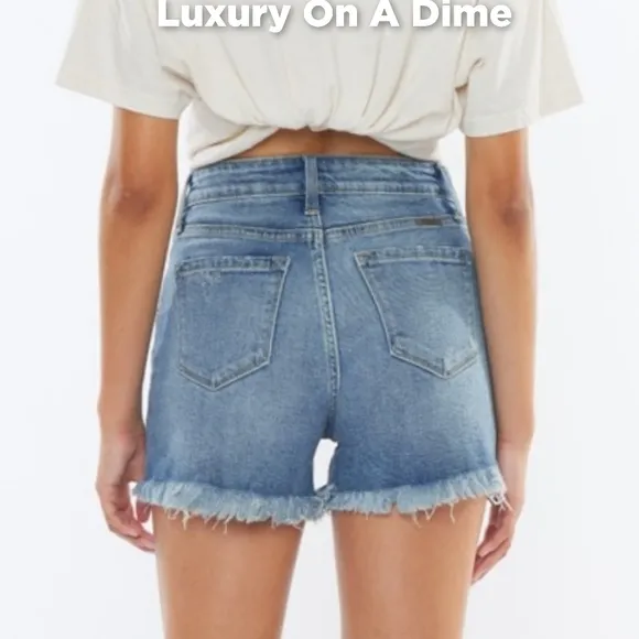 KanCan High Rise Waist Distressed Torn Denim Cut-off Frayed Hem Blue Jean Shorts