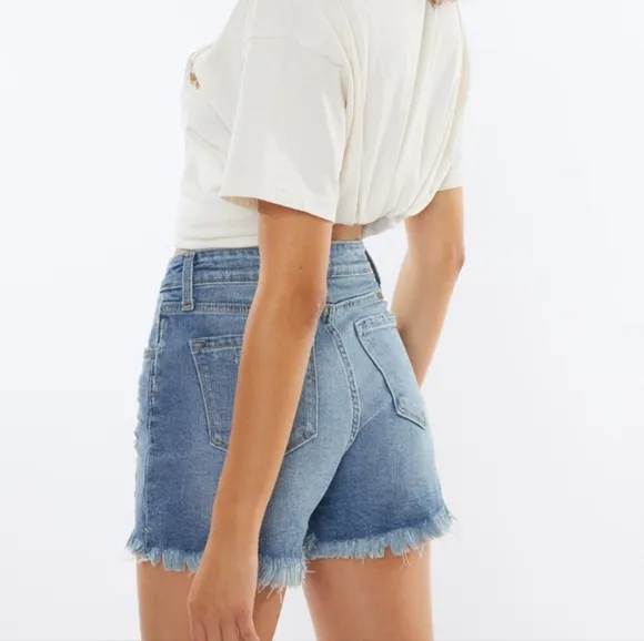 KanCan High Rise Waist Distressed Torn Denim Cut-off Frayed Hem Blue Jean Shorts
