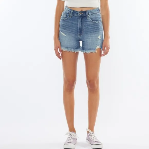 KanCan High Rise Waist Distressed Torn Denim Cut-off Frayed Hem Blue Jean Shorts