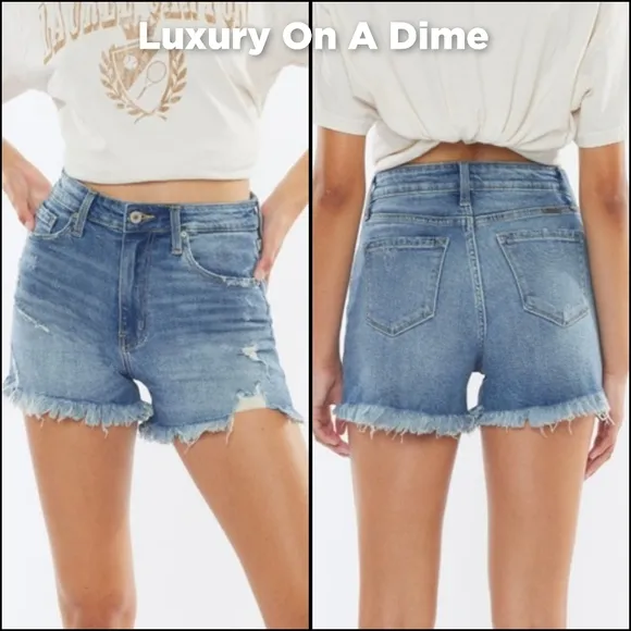 KanCan High Rise Waist Distressed Torn Denim Cut-off Frayed Hem Blue Jean Shorts