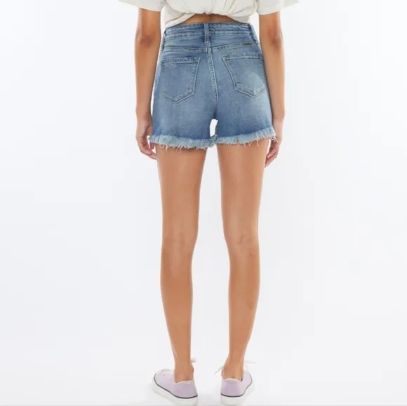 KanCan High Rise Waist Distressed Torn Denim Cut-off Frayed Hem Blue Jean Shorts