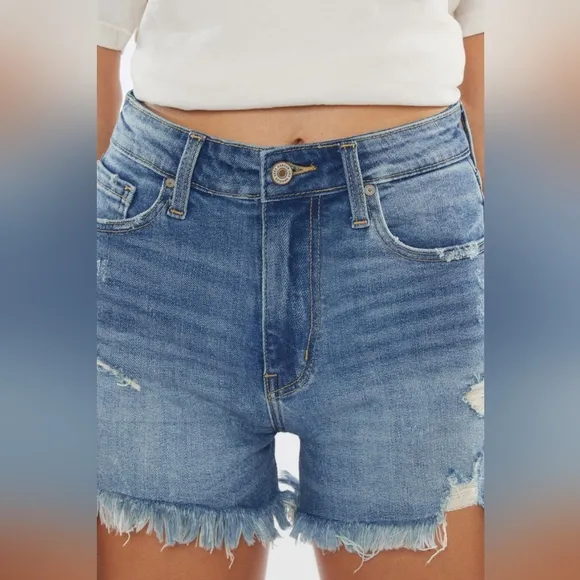 KanCan High Rise Waist Distressed Torn Denim Cut-off Frayed Hem Blue Jean Shorts