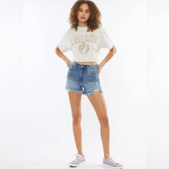 KanCan High Rise Waist Distressed Torn Denim Cut-off Frayed Hem Blue Jean Shorts