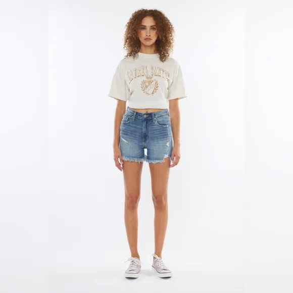 KanCan High Rise Waist Distressed Torn Denim Cut-off Frayed Hem Blue Jean Shorts