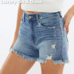 KanCan High Rise Waist Distressed Torn Denim Cut-off Frayed Hem Blue Jean Shorts