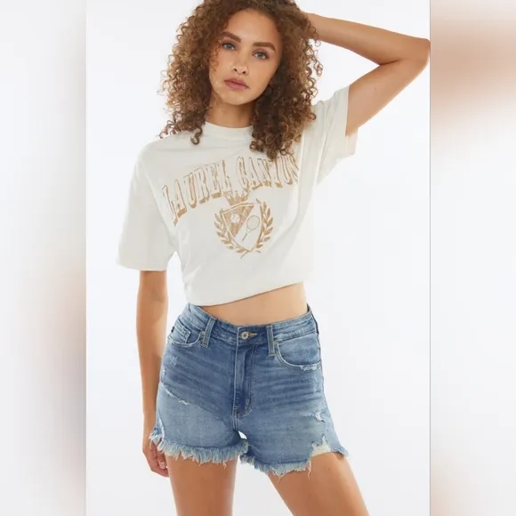 KanCan High Rise Waist Distressed Torn Denim Cut-off Frayed Hem Blue Jean Shorts