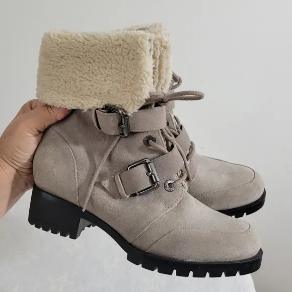 Karl Lagerfeld Paris Ankle Boots with Fur Lining Leather Style Belda Mushroom 7w