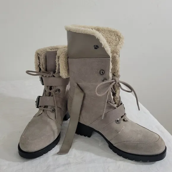 Karl Lagerfeld Paris Ankle Boots with Fur Lining Leather Style Belda Mushroom 7w