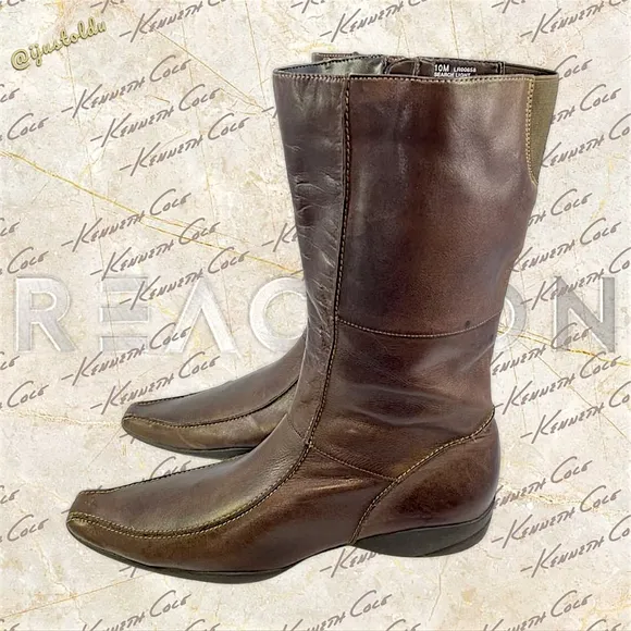 Kenneth Cole Reaction Search Light Mid-Calf Brown Leather Boots | Women Size 10M