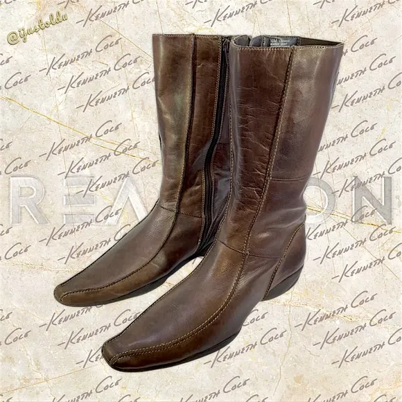 Kenneth Cole Reaction Search Light Mid-Calf Brown Leather Boots | Women Size 10M