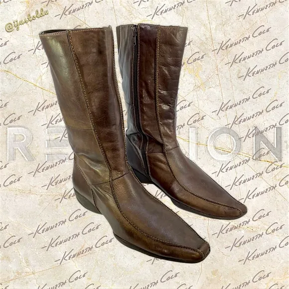 Kenneth Cole Reaction Search Light Mid-Calf Brown Leather Boots | Women Size 10M