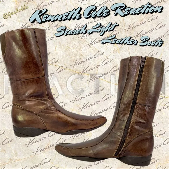 Kenneth Cole Reaction Search Light Mid-Calf Brown Leather Boots | Women Size 10M