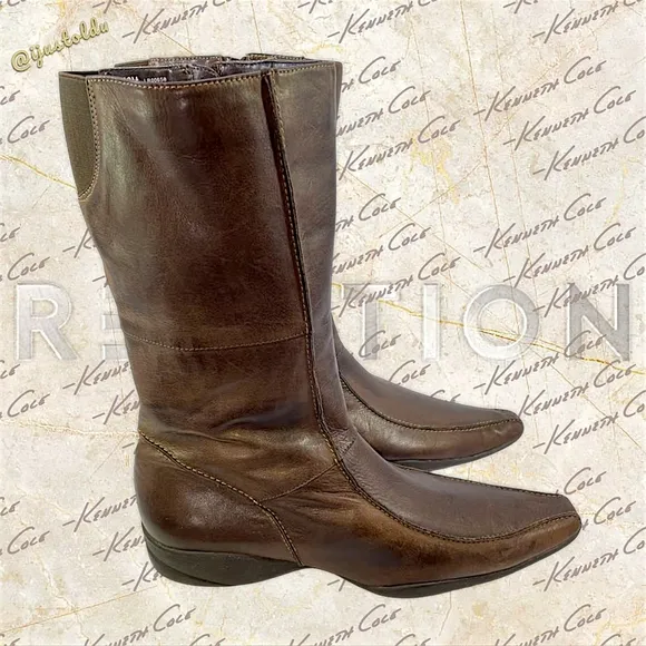 Kenneth Cole Reaction Search Light Mid-Calf Brown Leather Boots | Women Size 10M