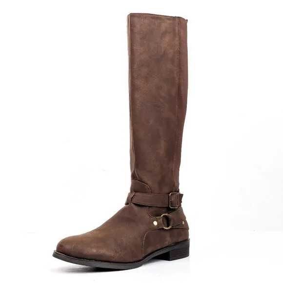 Kenneth Cole Women Brown Faux Leather Riding Tall Strap Buckle Boots sz 10