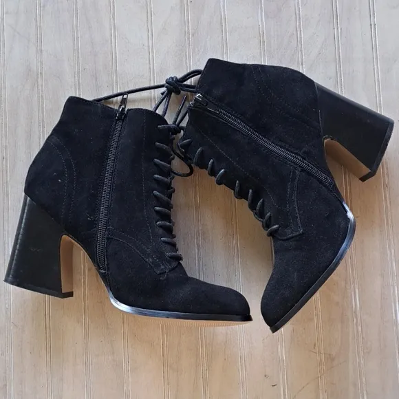 Kensie Black Smith Suede Leather Lace-Up Classy Stylish Chunky Ankle Heel Boots