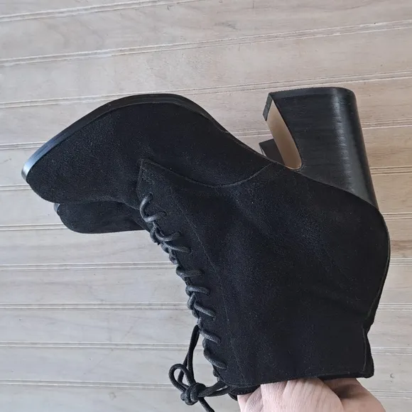 Kensie Black Smith Suede Leather Lace-Up Classy Stylish Chunky Ankle Heel Boots