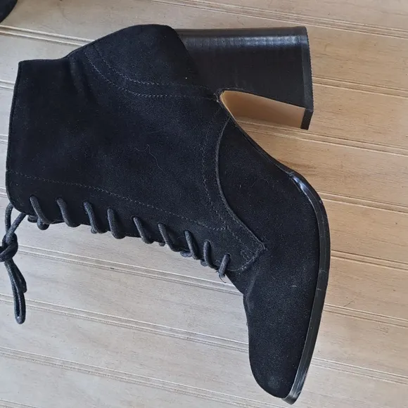 Kensie Black Smith Suede Leather Lace-Up Classy Stylish Chunky Ankle Heel Boots