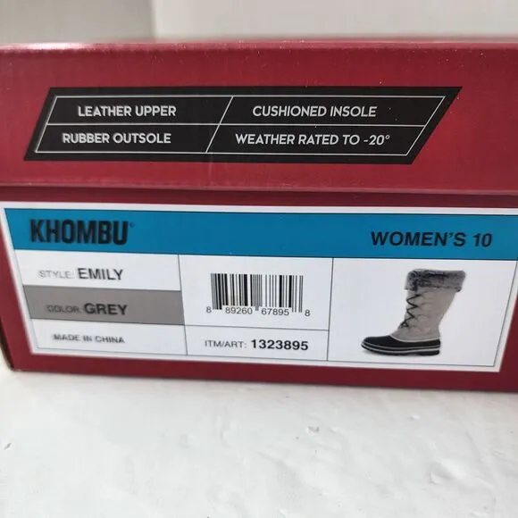 Khombu Emily Winter Snow Boot Womens Size 10 Grey Leather Faux Fur New With Box