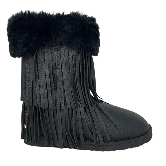 Koolaburra Boots Womens 6 Black Leather Sheepskin Fur Tassles Mid Calf Boot Shoe