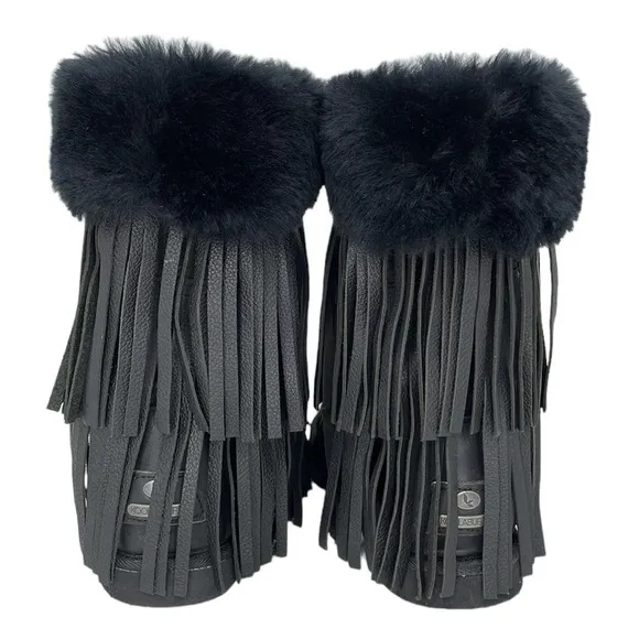 Koolaburra Boots Womens 6 Black Leather Sheepskin Fur Tassles Mid Calf Boot Shoe