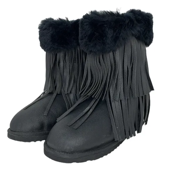 Koolaburra Boots Womens 6 Black Leather Sheepskin Fur Tassles Mid Calf Boot Shoe