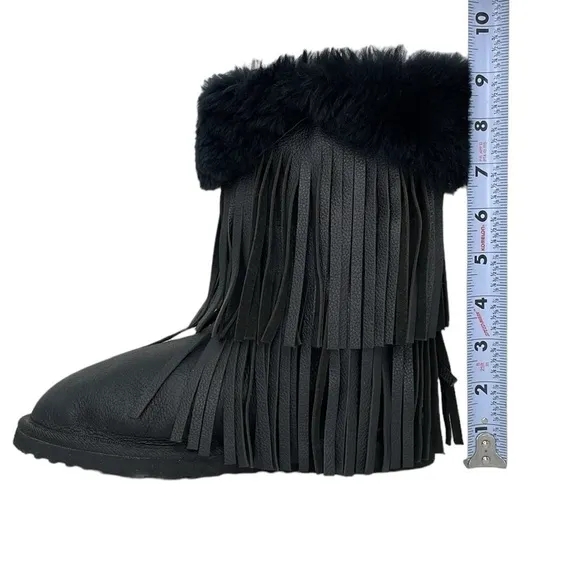 Koolaburra Boots Womens 6 Black Leather Sheepskin Fur Tassles Mid Calf Boot Shoe