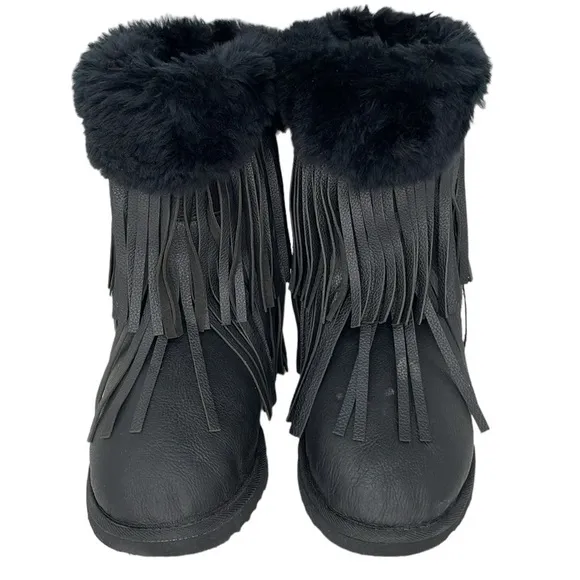 Koolaburra Boots Womens 6 Black Leather Sheepskin Fur Tassles Mid Calf Boot Shoe
