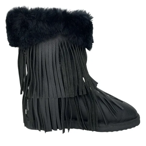 Koolaburra Boots Womens 6 Black Leather Sheepskin Fur Tassles Mid Calf Boot Shoe
