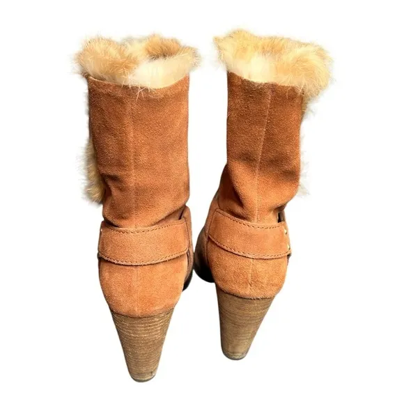Koolaburra UGG Karlee Brown Suede Boots Fur Lining Snap Close Heel 8