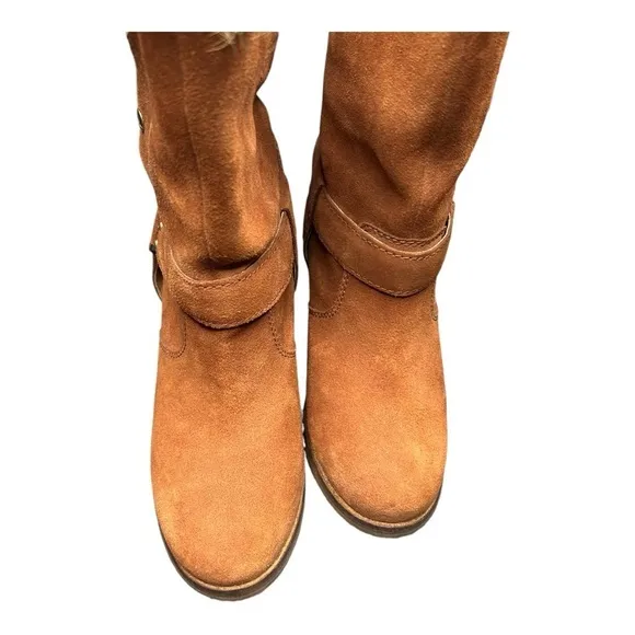 Koolaburra UGG Karlee Brown Suede Boots Fur Lining Snap Close Heel 8