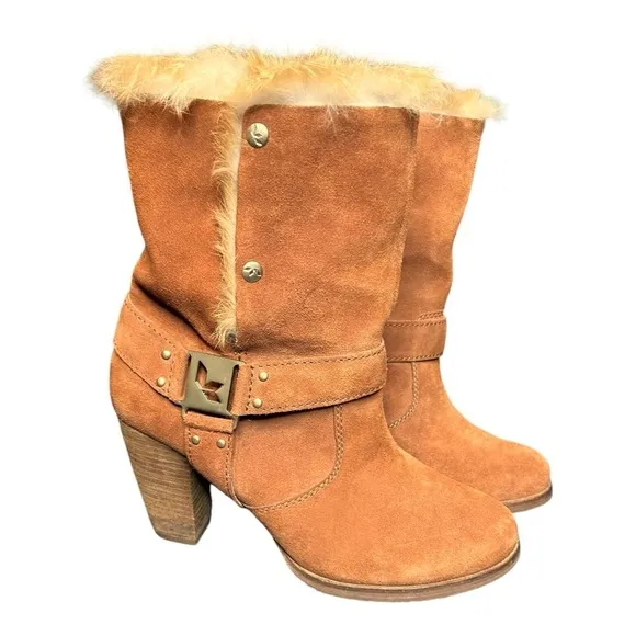 Koolaburra UGG Karlee Brown Suede Boots Fur Lining Snap Close Heel 8