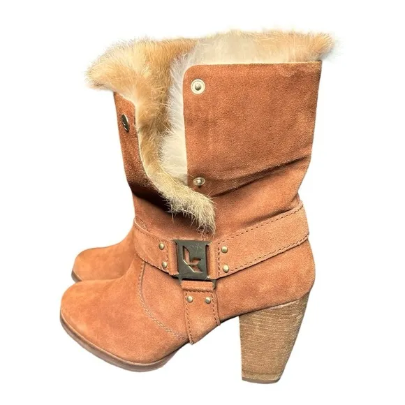 Koolaburra UGG Karlee Brown Suede Boots Fur Lining Snap Close Heel 8
