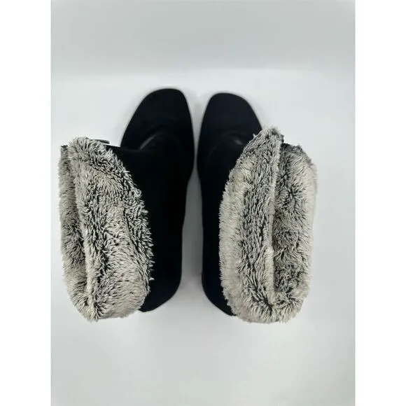 La Canadienne nwot Evitta Black Suede Ankle Wedge Boots Faux Fur Lined