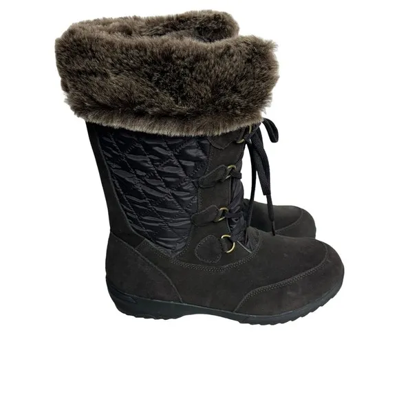 Lands' End Women's Size 9D Brown Winter Boots Faux Fur Trim Side Zipper NWT