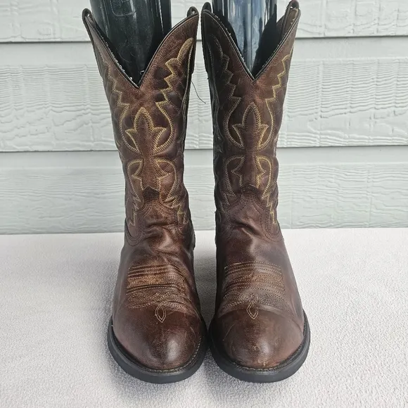 Laredo Birchwood Brown Leather Men SZ 9 Western Cowboy Embroidered Boots 68452