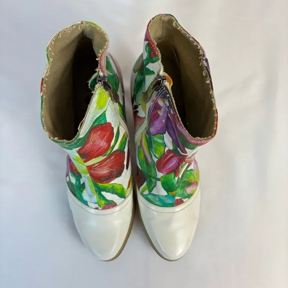 L’artiste Spring Step Leather Ankle Boots Floral Chic Booties White Size 8.5