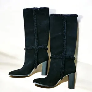 Lauren Ralph Lauren Aubri Shearling Black Suede Leather Tall Boots Sz. 9.5