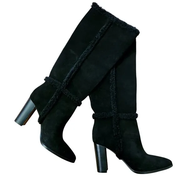 Lauren Ralph Lauren Aubri Shearling Black Suede Leather Tall Boots Sz. 9.5