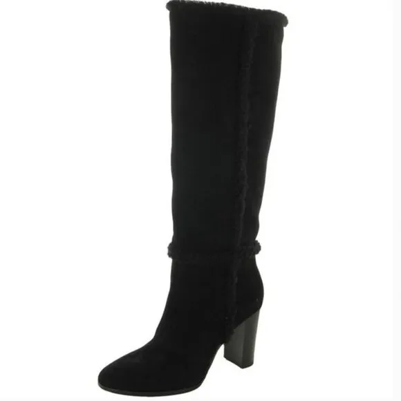 Lauren Ralph Lauren Aubri Shearling Black Suede Leather Tall Boots Sz. 9.5