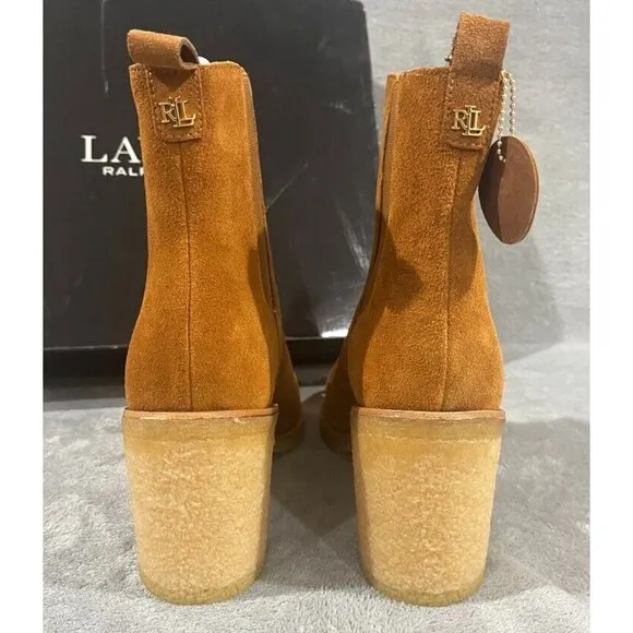 Lauren Ralph Lauren Women Marianna Block Heel Chelsea Boots Sz 10B Tan Gum Sole