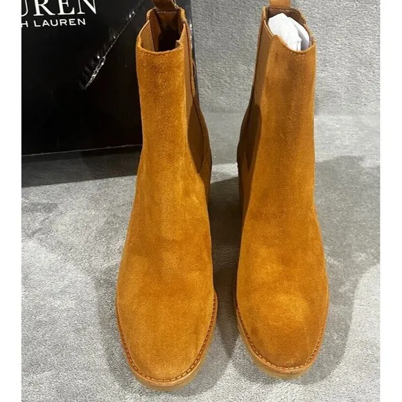 Lauren Ralph Lauren Women Marianna Block Heel Chelsea Boots Sz 10B Tan Gum Sole