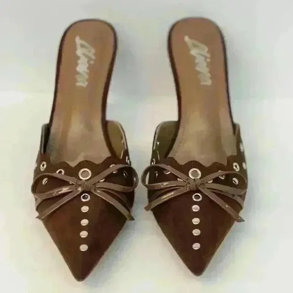 Liliana Bow Tie Mule Heels Pointed Toe Stilettos Brown Chocolate