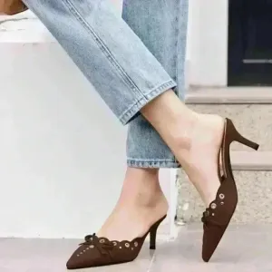 Liliana Bow Tie Mule Heels Pointed Toe Stilettos Brown Chocolate