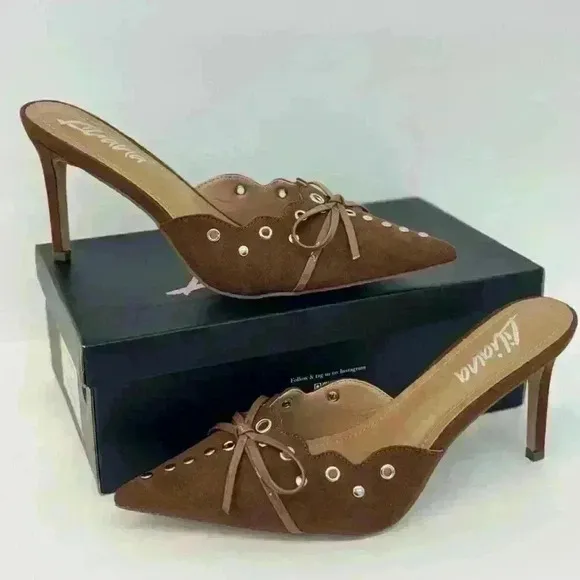 Liliana Bow Tie Mule Heels Pointed Toe Stilettos Brown Chocolate