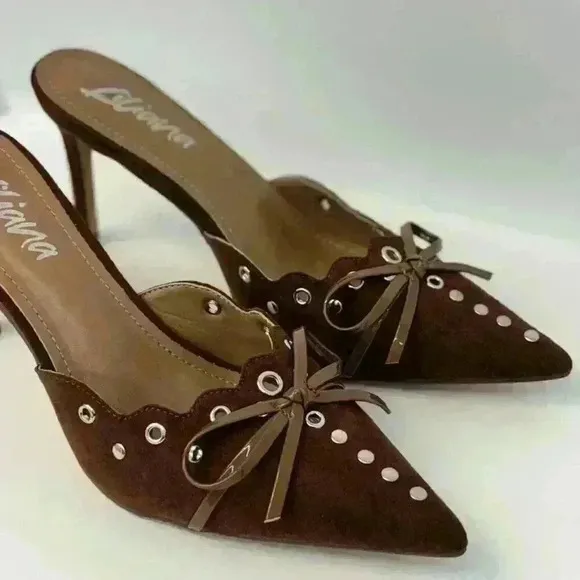 Liliana Bow Tie Mule Heels Pointed Toe Stilettos Brown Chocolate