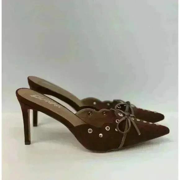 Liliana Bow Tie Mule Heels Pointed Toe Stilettos Brown Chocolate
