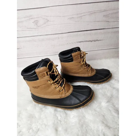 London Fog Mens Ashford 3 Duck Boots‎ Brown Black Leather Lace Up Insulated 13 M
